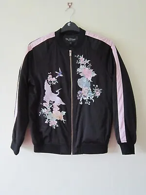 Buy Miss Selfridge Size 10 Bomber Jacket Oriental Embroidered Bird Chinese Black • 14.99£