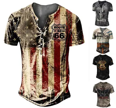 Buy Mens T-Shirt Graphic Print Route 66 Henley Design Tee Top - Sizes XS-6XL • 24.66£