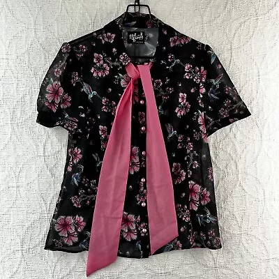 Buy Hell Bunny Madison Blouse Women L Hummingbird Floral Button Up Sheer Pink Bow • 37.80£