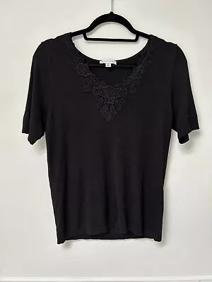 Buy WAREHOUSE Black Short Sleeve Ribbed V Neck Lace Trim TShirt UK12 • 10£