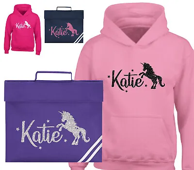 Buy Personalised Glitter Unicorn School Book Bag Hoodie Horse Riding Girls Hoody • 15.99£