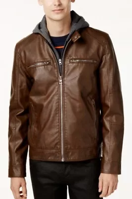 Buy Guess Mens Faux-Leather Jacket With Detachable Hood. • 65£