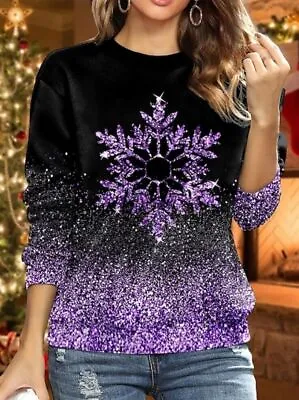 Buy New Women Plus Size Christmas Round Neck Seatshirt Jumper Purple Black • 14.99£