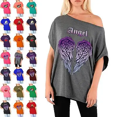 Buy Womens Ladies Angel Wings Oversized Batwing Short Sleeve Baggy Casual TShirt Top • 3.49£