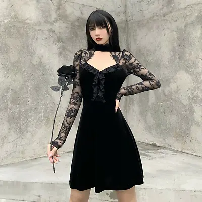 Buy Women Long Sleeve Slim Velvet Dresses Gothic Lace Dress Clothes Retro Party Punk • 23.66£