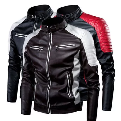 Buy Men's Motorcycle Faux Leather Jacket Warm Zip Coats Casual Machine Jackets XS-XL • 35.40£