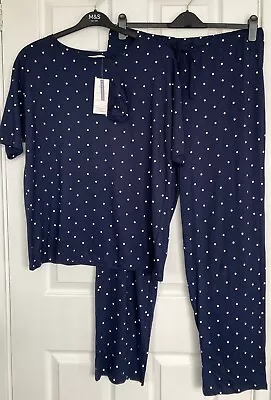 Buy NEW M&S Ladies Navy Polka Dot Cotton Modal Blend Cool Comfort Pyjamas Size 16 • 15£