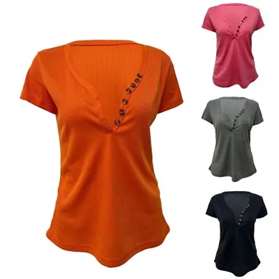 Buy Women Low Cut Deep V-Neck T-Shirt Short Sleeve Button Up Bodycon Ribbed Knit Top • 12.07£