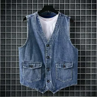 Buy Mens V Neck Denim Jacket Sleeveless Waistcoat Gilet Vest Top Pocket Casual-Blue • 21.20£