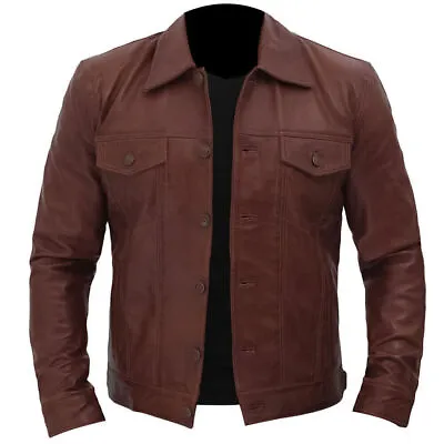 Buy Mens Trucker Jacket Denim Style Western Cowboy Leather Shirt Biker Wear • 95.88£