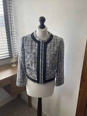 Buy M&S Limited Collection White & Blue Check Jacket Size 14 Lined Zip Front Smart • 24.99£