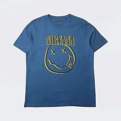 Buy Nirvana Smiley Logo Band Tour T-Shirt - Blue / Yellow - Size XL • 15.99£