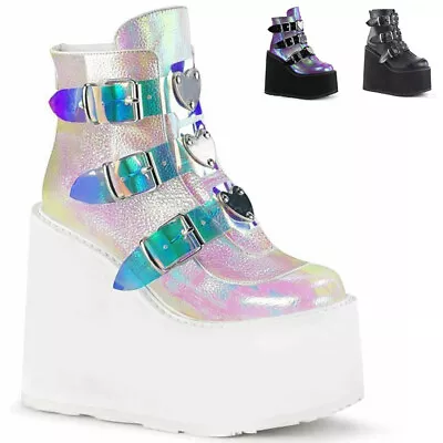 Buy Women‘s Goth Punk Chunky Wedge High Heel Platform Shoes Ladies Ankle Boots New • 9.60£