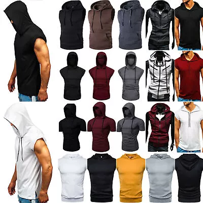 Buy Men Sports Hooded Vest Short Sleeve/Sleeveless T-Shirt Fitness Hoodies Tank Top/ • 10.64£
