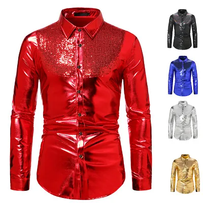 Buy Mens Sequin Shirt Party Nightclub Dance T-Shirt Long Sleeve Shiny Button Tops • 15.37£
