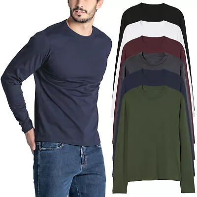 Buy Mens Long Sleeve T-Shirt Slim Fit 100% Cotton Plain Crew Round Neck Tee Tops New • 6.99£