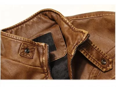 Buy Men's Solid Mandarin Collar Leather Jacket With Zipper Closure • 45.60£