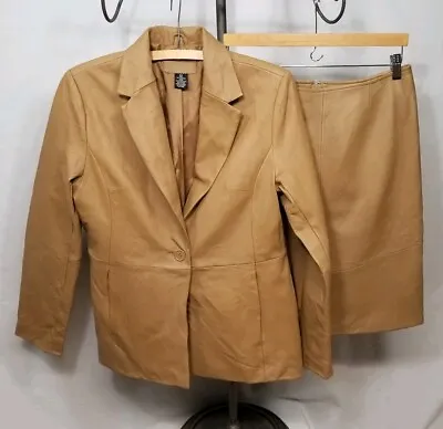 Buy Luciano Dante Tan 100% Leather Women's Large Sz 10 Suit Set Blazer Pencil Skirt • 70.83£