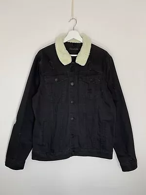 Buy Condemned Nation Denim Jacket L Tag XL Black Frayed Distressed Removable Collar • 12.95£