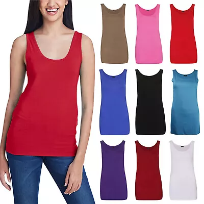 Buy Womens Scoop Neck Sleeveless Ladies Long Stretch Plain Vest Strappy T-Shirt Top • 8.89£