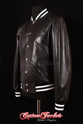 Buy Men's BASEBALL Leather Jacket Black College Varsity Real Leather Bomber Jacket • 119.74£