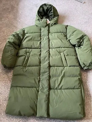 Buy Ladies Long Oversized Coat Quilted Padded Puffer Jacket Dark Olive Green Size M • 33.99£