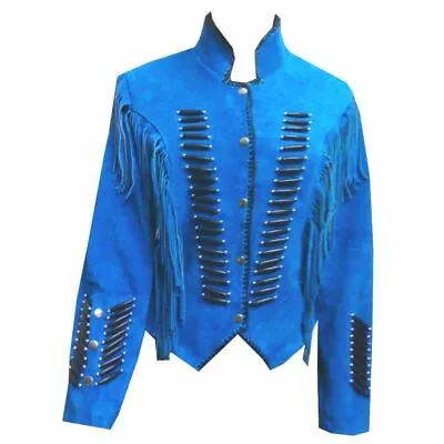 Buy NEN-Womens Blue Suede Leather Fringe Native American Western Style Cowboy Jacket • 139.99£