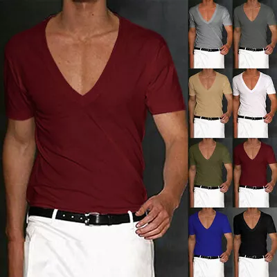 Buy Mens V Neck Tops Muscle Tee Short Sleeve T-shirt Summer Slim Fit Casual Blouses • 8.99£