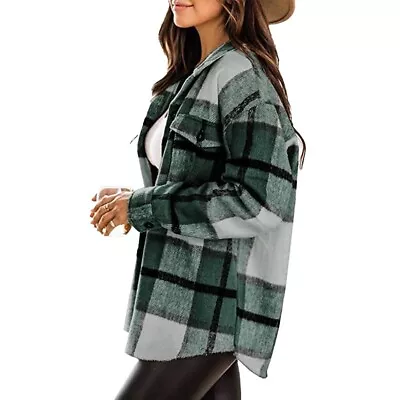 Buy Cozy Check Fleece Winter Jacket Shacket Baggy Tartan Tops For Women's Fashion • 36.98£