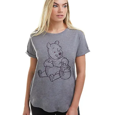 Buy Official Disney Ladies  Winnie The Pooh Sketch Fashion T-shirtGrey Sizes S - XL • 11.99£