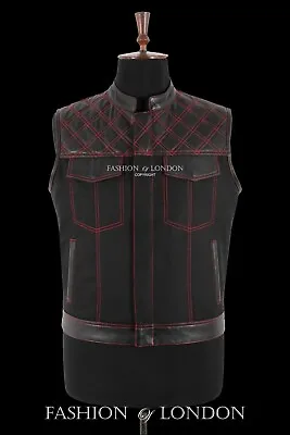 Buy Men's Leather Vest Cordura Black Biker Waistcoat Red Stitching Quilted SOA Vest • 35.63£