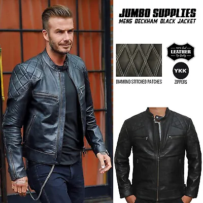 Buy Mens BECKHAM Leather Jacket Black Quilted Retro Biker Style 100% Leather Jacket • 94.99£