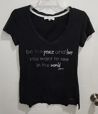 Buy Peace Love World Women's V Neck T Shirt Top Black Graphic Tee Cotton Size XS • 10.46£