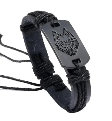 Buy Mens Vintage Viking Black Leather Norse Metal Rune Valknut Wolf Design Bracelet  • 5.85£