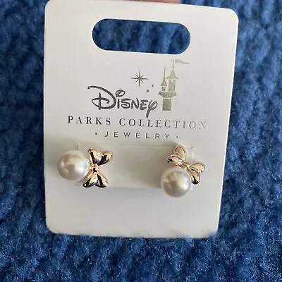 Buy Disney Parks  Minnie Mouse Bow Pearl Rose Gold Tone Earrings New • 18.94£