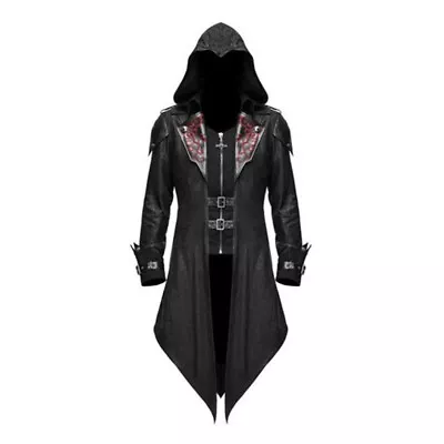 Buy Men Steampunk Gothic Tuxedo Trench Coat Fold  Neck  Hooded Leather Coat  UK • 26.99£