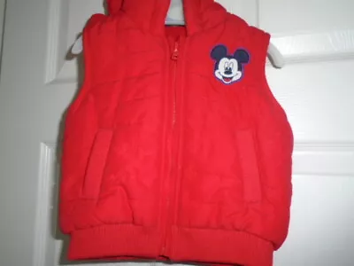 Buy 1 Red Lined Gilet / Sleeveless Jacket With Hood, DISNEY MICKEY MOUSE, 3-6 Months • 2.50£