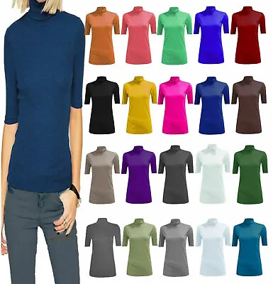 Buy Women Ladies Short Sleeve Turtle Polo Roll Neck Plain Stretch T-Shirt Top Jumper • 6.99£