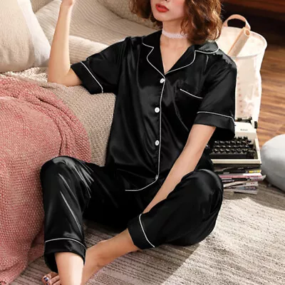 Buy Womens Satin Pyjamas Short Sleeve Pajamas Ladies Silk Nightie Nightwear PJs Set • 9.49£