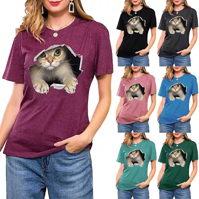 Buy Womens Cat 3D Print Short Sleeve T Shirt Tops Ladies Casual Loose Summer Blouse • 11.99£