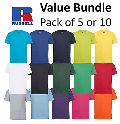 Buy Mens Plain T-Shirt Russell Classic Cotton Ringspun Short Sleeve-Pack Of 5 Or 10 • 19.99£