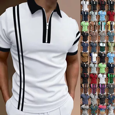 Buy Mens Polo Short Sleeve Shirt Zipper Regular Slim Fit Casual Work Smart Golf Tops • 11.79£
