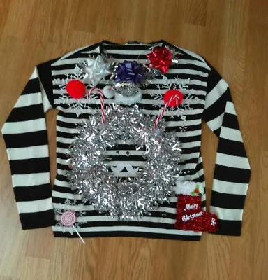 Buy Edc Women’s Size Small Ugly Tacky Christmas Sweater Wreath Ribbons Candy Canes  • 14.68£