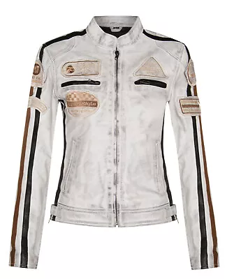 Buy Womens White Leather Biker Jacket Retro Casual Zipped Racing Moto Badges • 98.99£