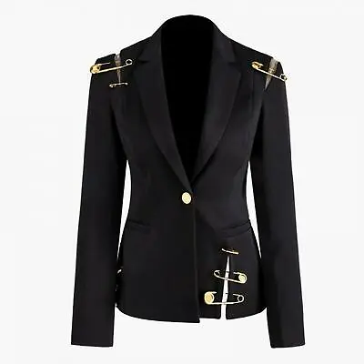 Buy Womens Fashion Black Buttoned Ripped Open Safety Pin Blazer Jacket Designed Suit • 62.39£
