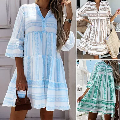 Buy Womens Ruffle Boho Mini Dress Summer Holiday Swing Button V Neck Smock Dresses • 3.19£