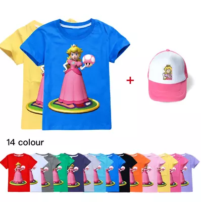 Buy Kids Super Mario Princess Peach Short Sleeve Casual T-shirt+Cap Hat Tops Gifts • 11.99£