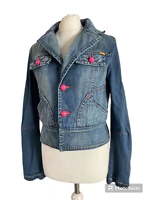 Buy VTG Y2K 90s Yell! Blue Denim Pink Statement Button Ladies Jacket M 10 12 Pockets • 29.99£