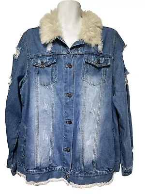 Buy The Style Between Us Distressed Faux Fur Trucker Jean Jacket Womens Plus Size 3X • 33.77£