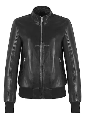 Buy BOMBER Ladies Leather Jacket Black Casual Classic Style Lambskin Leather Jacket • 119.75£